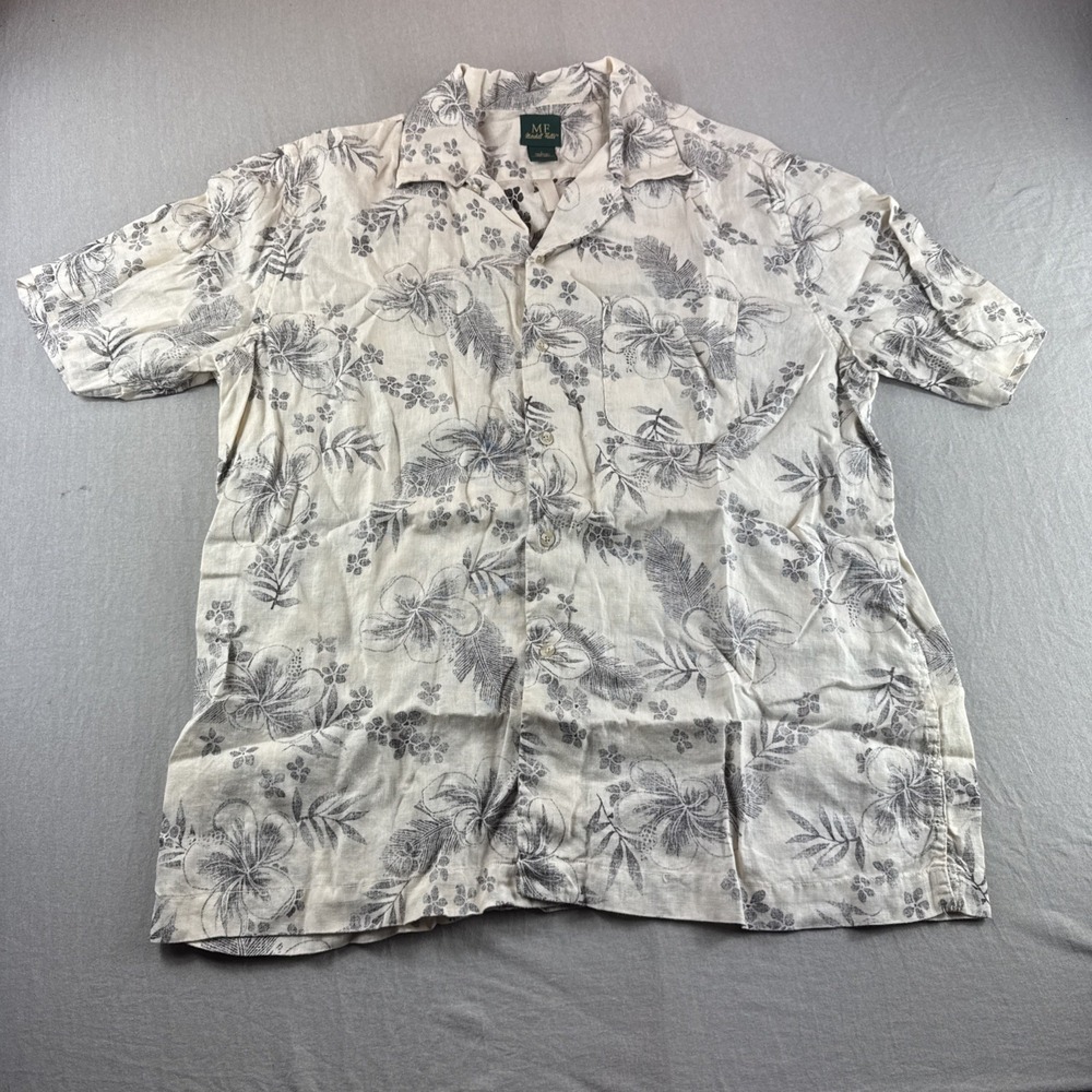 Vintage Marshall Fields Linen Hawaiian Shirt Mens L Beige Floral Short Sleeve